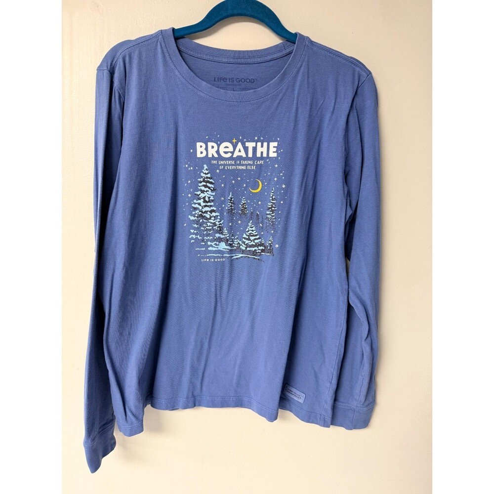 Life Is Good Womens Large Blue Breathe Winter Trees Long Sleeve Cotton T Shirt